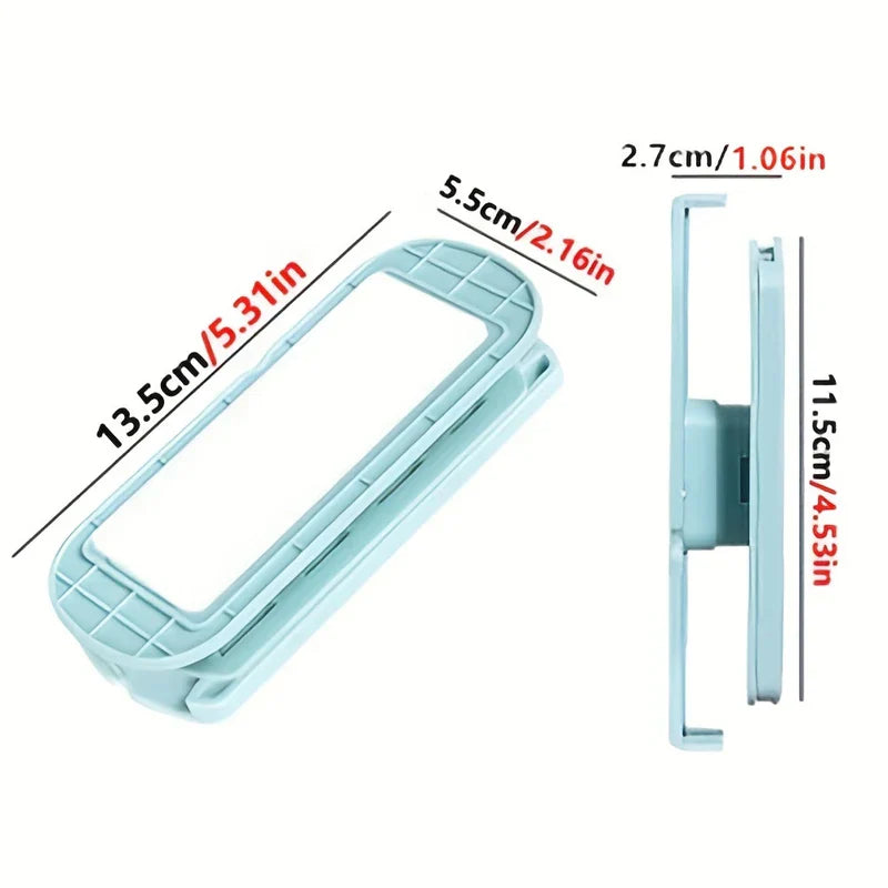 Power Strip Holder - Light blue plastic mounting clip with length, width, and height dimension labels in cm and inches