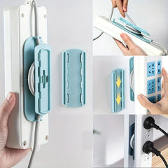 Power Strip Holder - Step-by-step view of a light blue clip securing a white power strip, with cable coiled between the clip and power strip