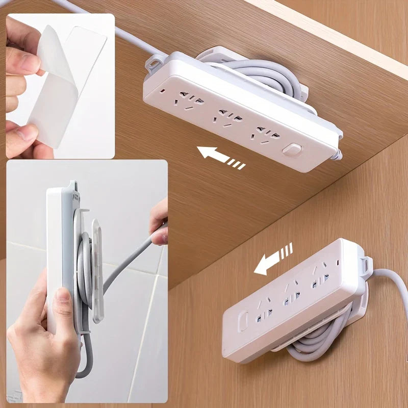 soporte para regleta - Base de montaje para regleta insertada con tira adhesiva, demostrando la instalación en superficies de madera y azulejo con almacenamiento de cable