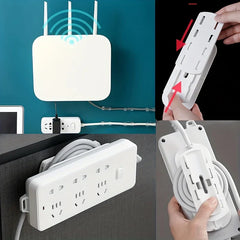 soporte para regleta - Soporte para regleta asegurando un router y regletas en paredes, mostrando el mecanismo de deslizamiento y la gestión de cables