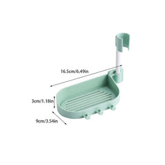 Shower Head Holder - Light green wall-mounted soap holder with three hooks, a top clip, and dimension labels