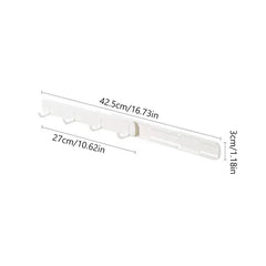 Wall Hook Hanger - White expandable adhesive hook rack with dimensions labeled: 27cm/10.62in min length, 42.5cm/16.73in max length, 3cm/1.18in height, on plain white background