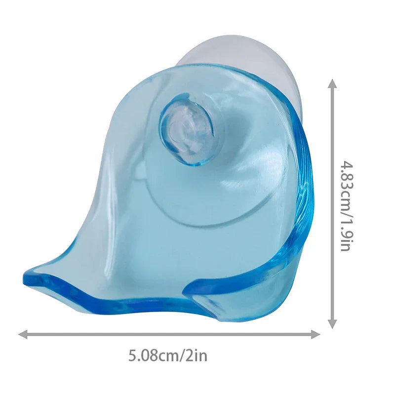 Soporte de pared adhesivo con ventosa para maquinilla de afeitar - soporte para maquinilla en azul translúcido con ventosa transparente, con etiquetas de dimensiones de 5,08 cm de ancho y 4,83 cm de alto sobre fondo blanco