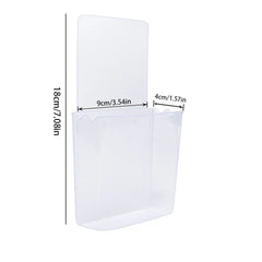 Storage Box - Clear plastic wall-mounted holder with dimensions labeled: 18cm height, 9cm width, 4cm depth, against a white background.