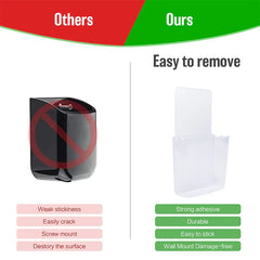 Storage Box - Comparison graphic: left shows a black holder marked with a red prohibition symbol and listed drawbacks, right shows the clear holder and listed benefits.