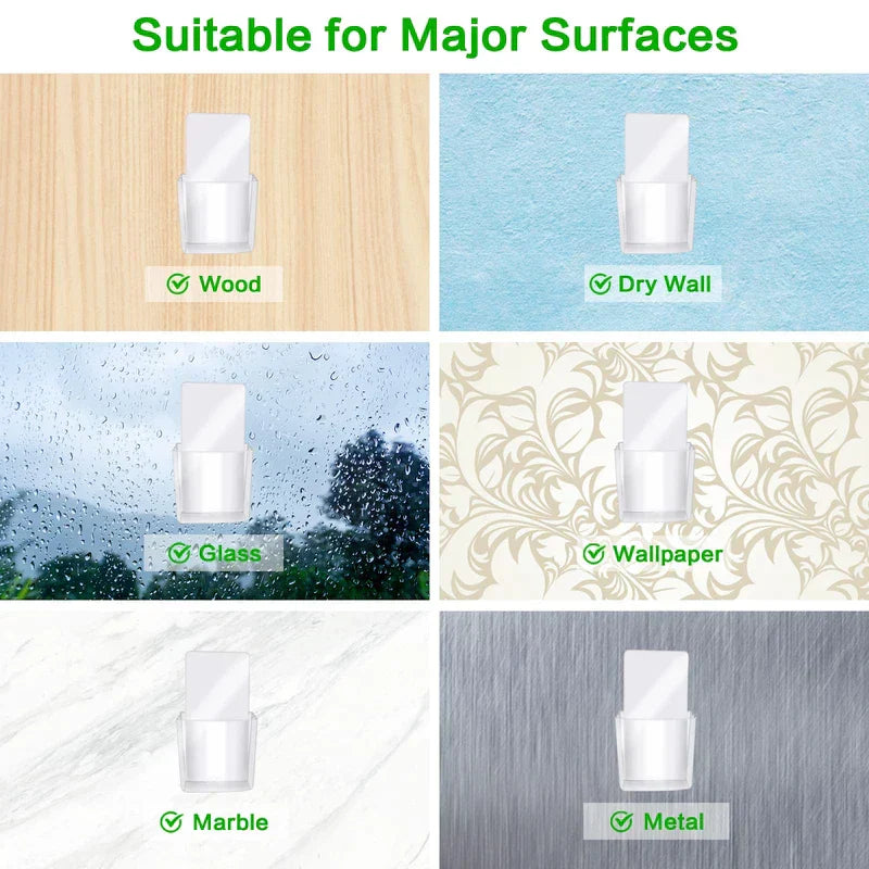 Caja de almacenamiento - Cuadrícula de seis paneles muestra un soporte adhesivo de plástico transparente sobre madera, pared seca, vidrio, papel tapiz, mármol y superficies metálicas, cada una con una marca de verificación verde.