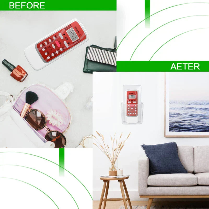 Storage Box - Before and after comparison: left shows cluttered items including a remote; right shows the remote stored in a wall-mounted clear plastic holder.