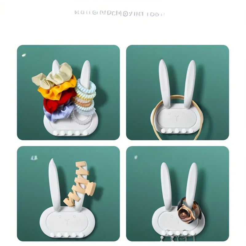 Utility Hooks - Four-panel grid showing the rabbit organizer holding scrunchies, a headband, hair clips, and a watch with earrings hanging from its pegs