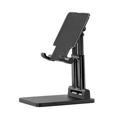 Mobile Device Desk Stand - Black adjustable phone and tablet holder in angled side view on white background