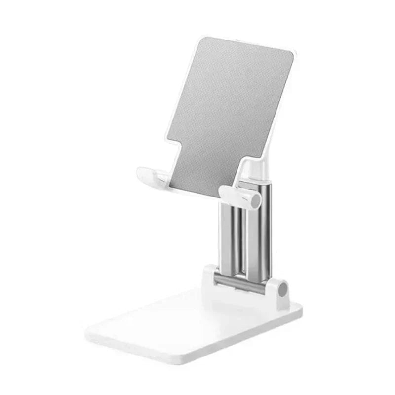 Mobile Device Desk Stand - White and silver adjustable phone/tablet stand with a textured back panel, on a plain white background