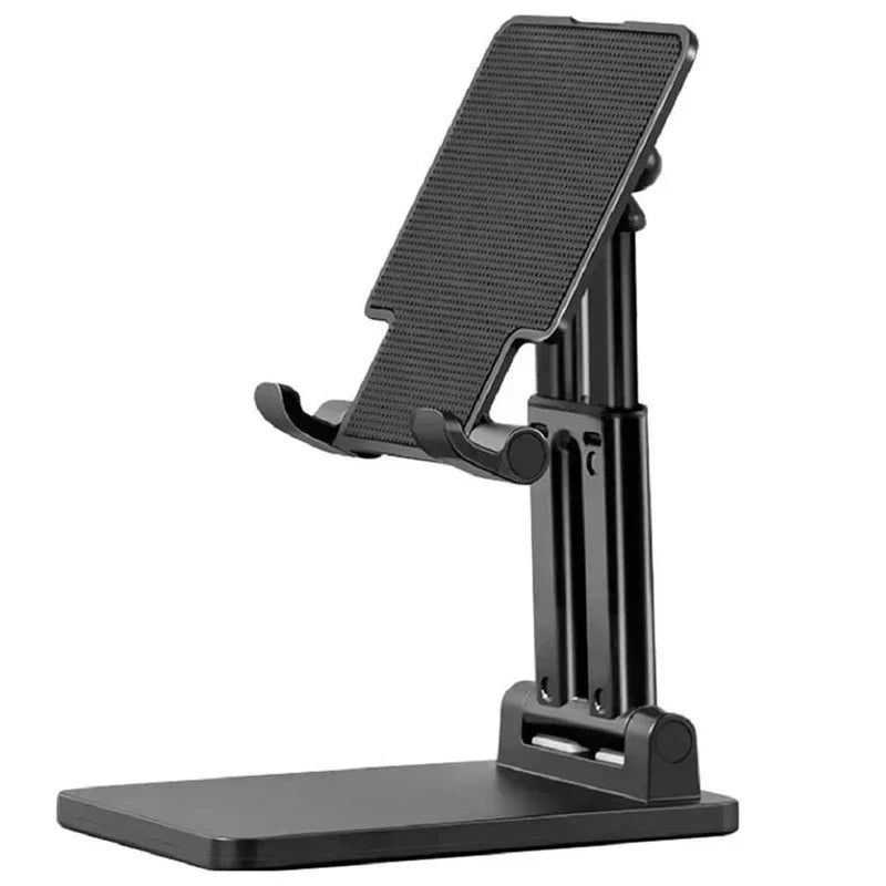 Mobile Device Desk Stand - Black foldable desktop phone holder shown from front-side angle on white background