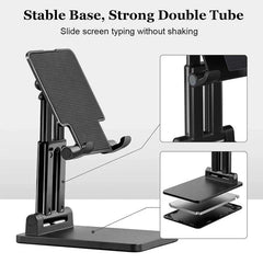 Mobile Device Desk Stand - Stable base double tube desktop holder infographic with close-up detail callouts