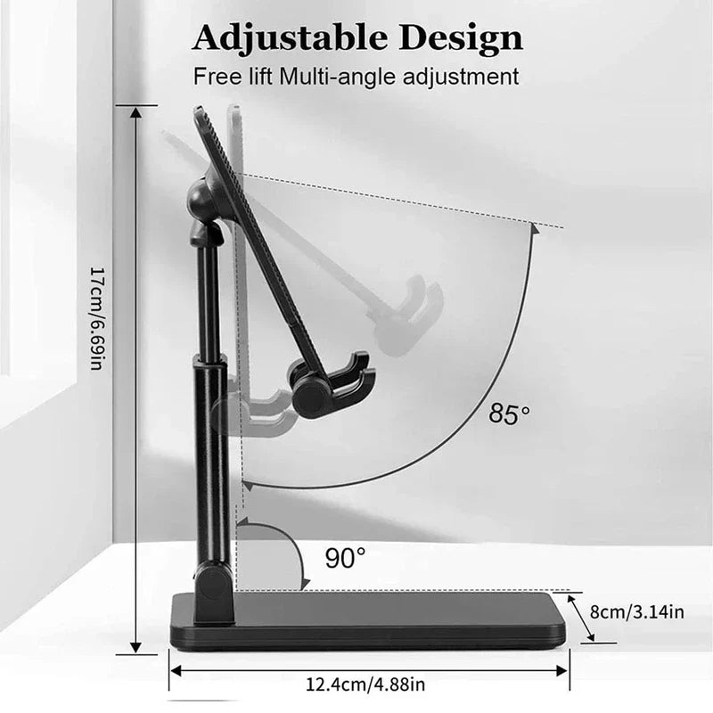 Mobile Device Desk Stand - Adjustable phone stand diagram with height, angle, and base dimension labels