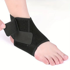 Ankle Support Brace - Hand adjusting the top hook-and-loop strap of a black wrap on a right foot