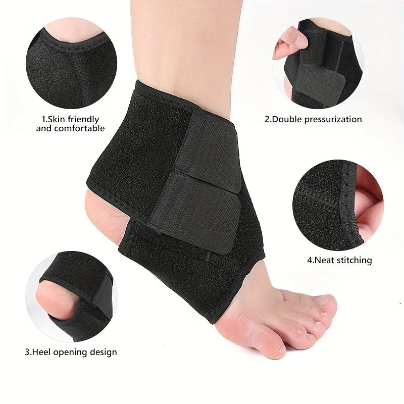 Ankle Support Brace - Worn black ankle brace with four callouts showing fabric comfort, dual straps, heel opening, and stitching