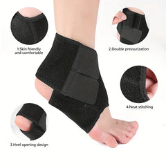 Ankle Support Brace - Worn black ankle brace with four callouts showing fabric comfort, dual straps, heel opening, and stitching