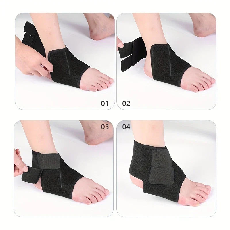 Four-step sequence showing how to put on and fasten a black ankle support brace