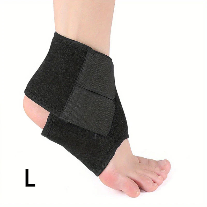 Ankle Support Brace - Black ankle brace worn on a human right foot, with a black L mark in the bottom left corner.