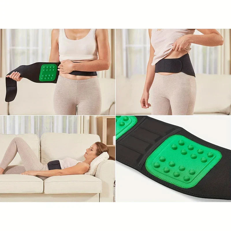 حزام دعم أسفل الظهر - تجميعة صور من أربعة أجزاء: امرأة تعرض الحزام، وترتديه، وتتكئ به، ولقطة مقربة للبطانة الخضراء ذات النتوءات