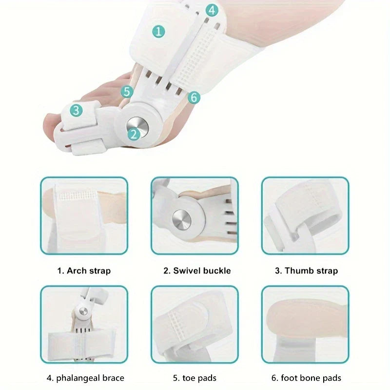 Toe Separator - Toe corrector worn on a foot, with 6 numbered callouts pointing to components including straps, buckle, and pads
