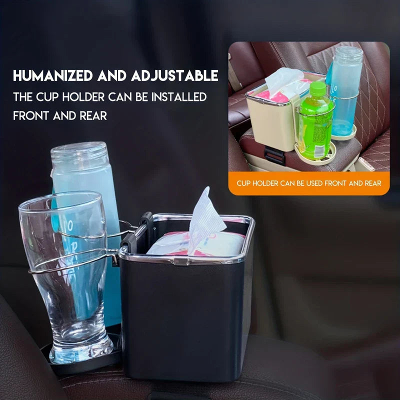 black car armrest organizer with dual cup holders holding drinks and wipes, adjustable front/rear install