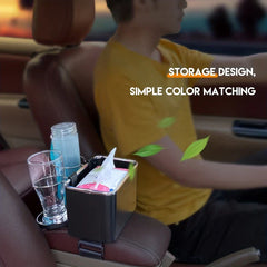 black car armrest storage box with cup holders used on car console beside driver