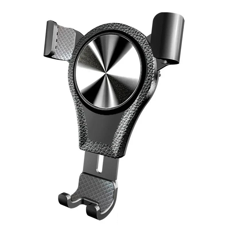 Cell Phone Stand - black textured holder with metallic center disc and side grips on white background