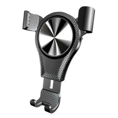 Cell Phone Stand - black textured holder with metallic center disc and side grips on white background