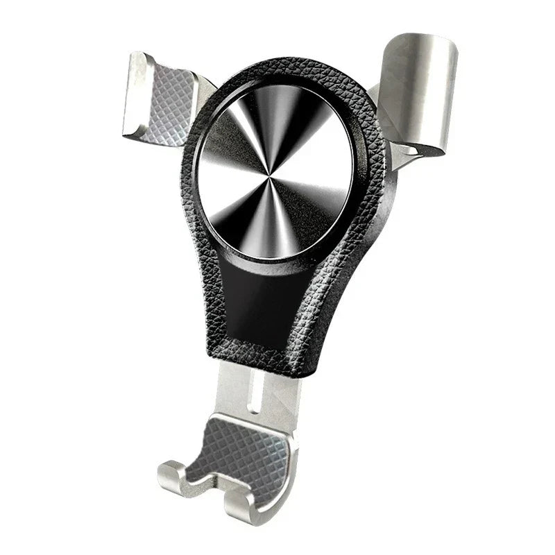 soporte para teléfono celular - Soporte para teléfono de tres brazos negro y plateado con centro metálico circular, sobre fondo blanco