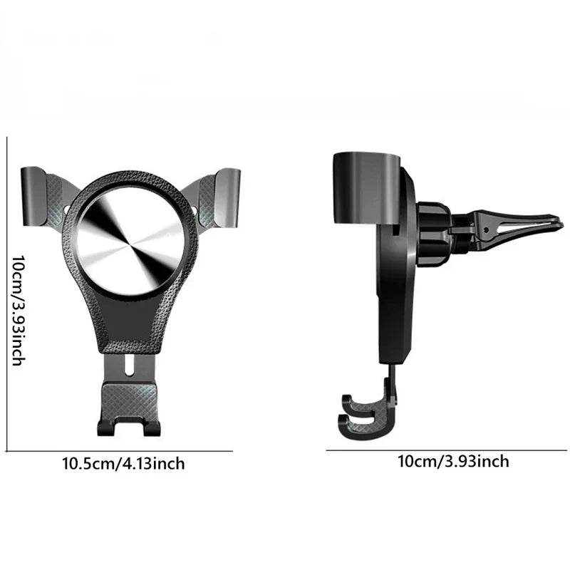 Cell Phone Stand - Front and side view of a car air vent phone mount with dimension labels in cm and inches