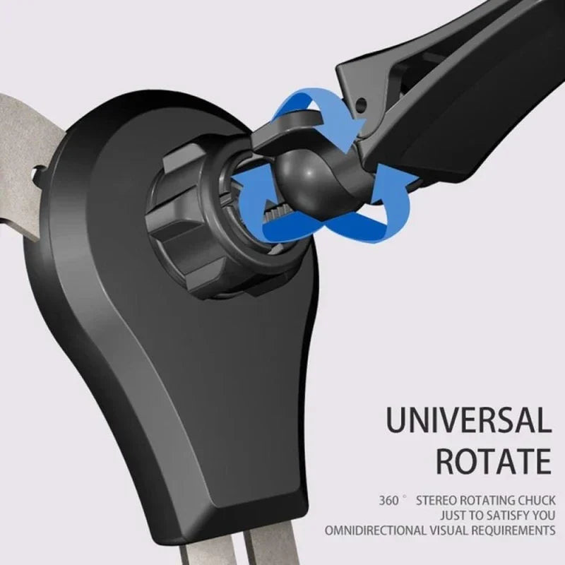 Cell Phone Stand - Close-up of a car phone mount ball joint with blue rotation arrows and text about universal rotation