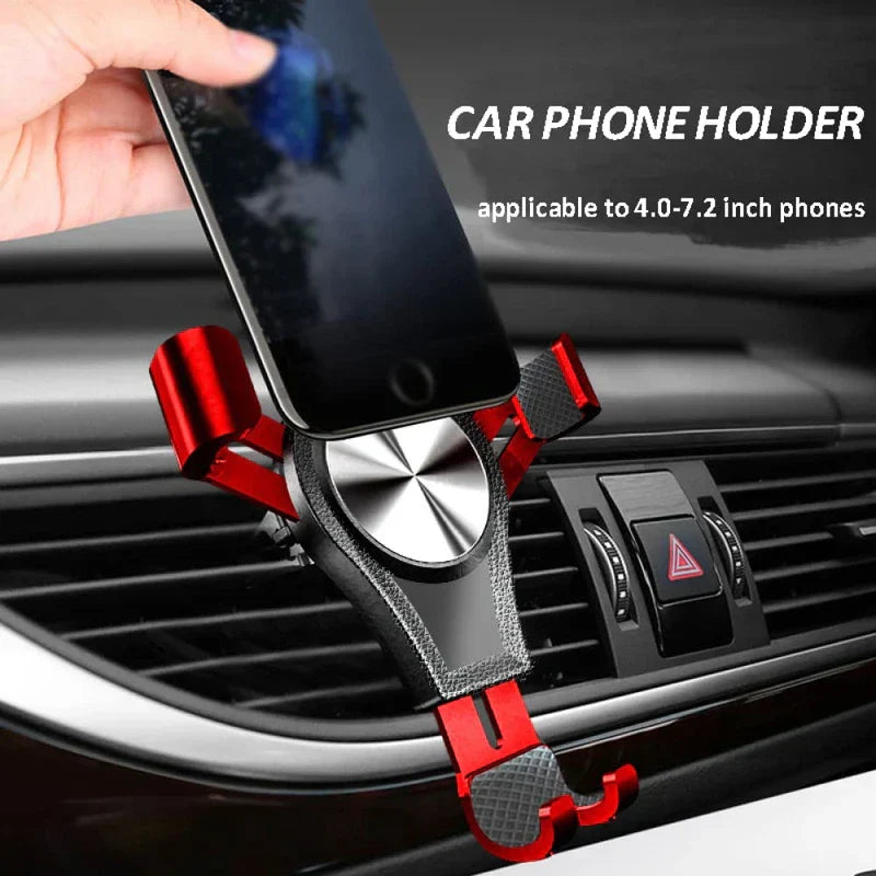 Cell Phone Stand - Hand placing a phone into a red and black car phone holder mounted on a car air vent, with text stating it fits 4.0-7.2 inch phones