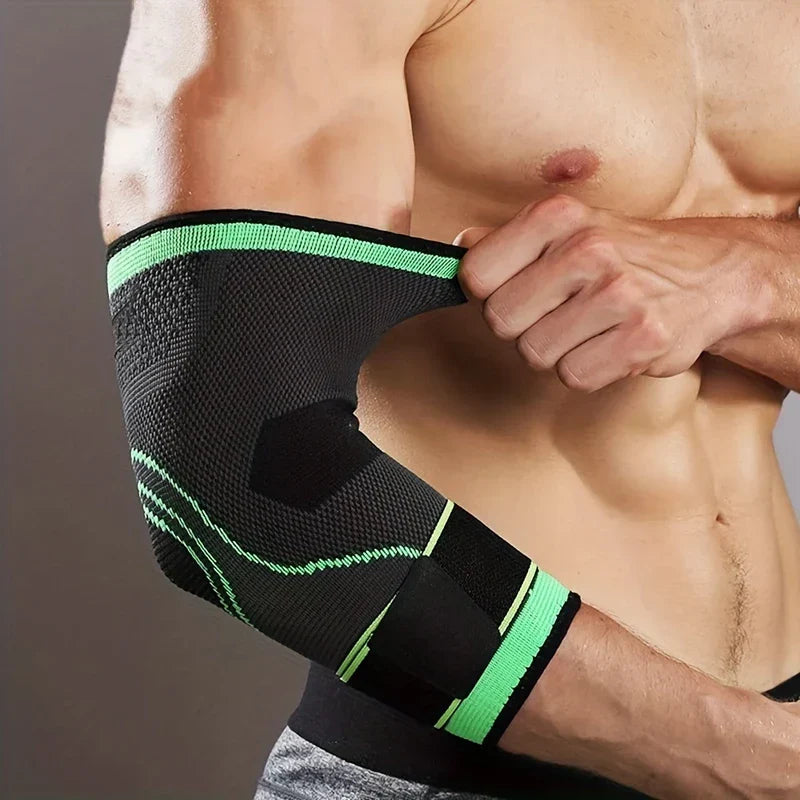 Elbow Compression Sleeve - Shirtless person adjusts a black elbow sleeve with bright green accents on their arm