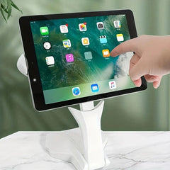 Phone Tablet Stand - hand tapping tablet screen mounted on a white adjustable device stand