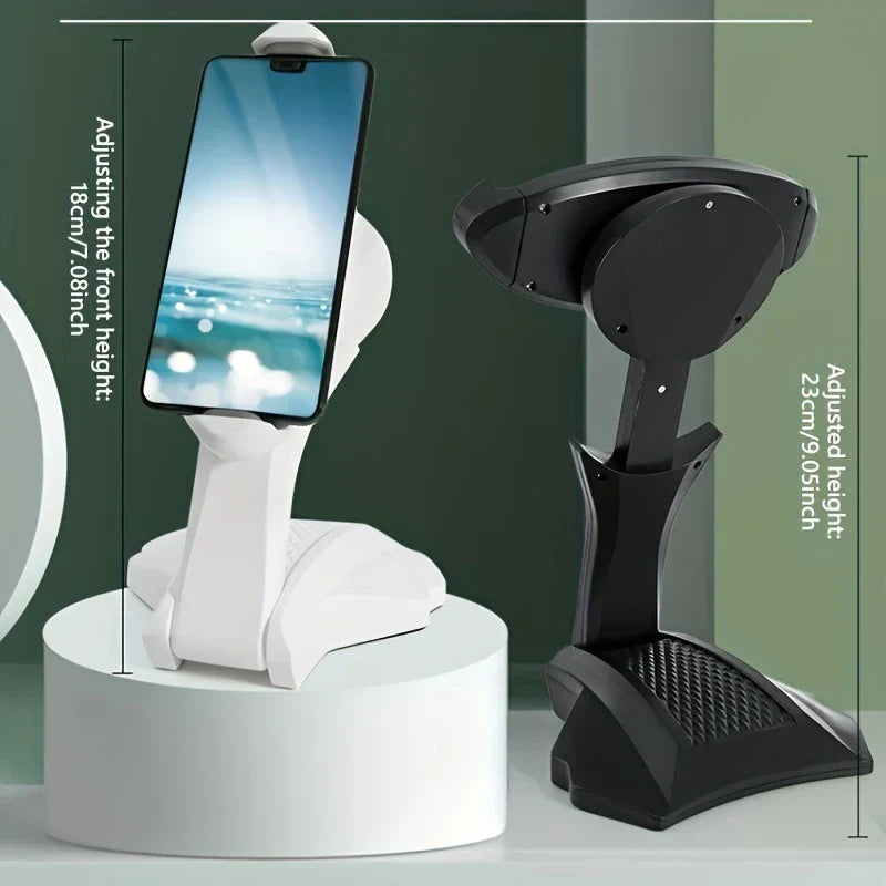 Phone Tablet Stand - White and black device stands with height labels: 18cm (7.08in) front adjusted, 23cm (9.05in) total adjusted height. White stand holds a smartphone.