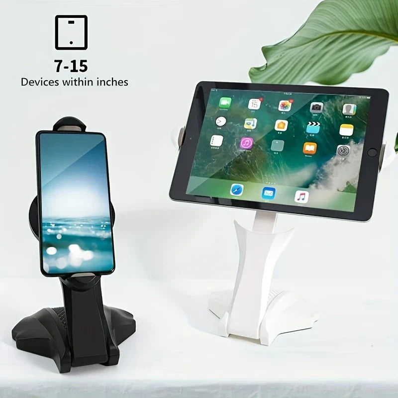 Phone Tablet Stand - Black stand holds a smartphone, white stand holds a tablet. Text notes the stands fit 7-15 inch devices.