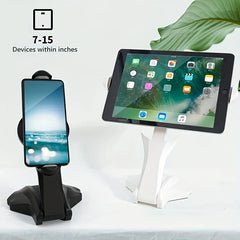 Phone Tablet Stand - Black stand holds a smartphone, white stand holds a tablet. Text notes the stands fit 7-15 inch devices.