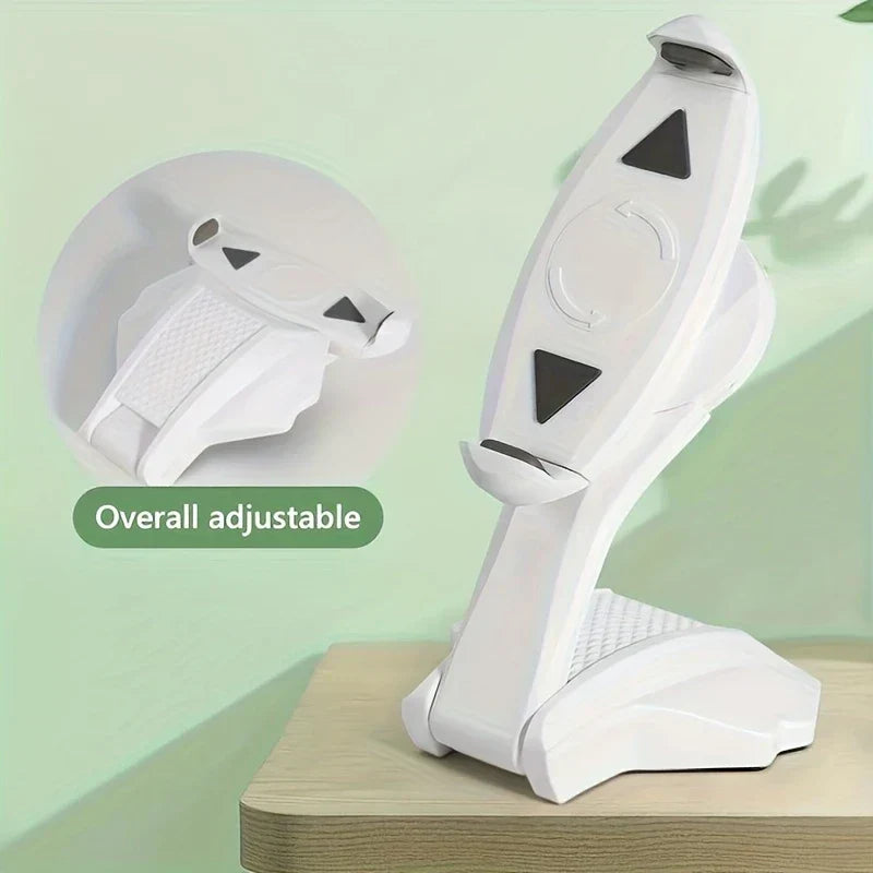 Phone Tablet Stand - White adjustable device stand shown from front and side angle, with a label reading 'Overall adjustable'.