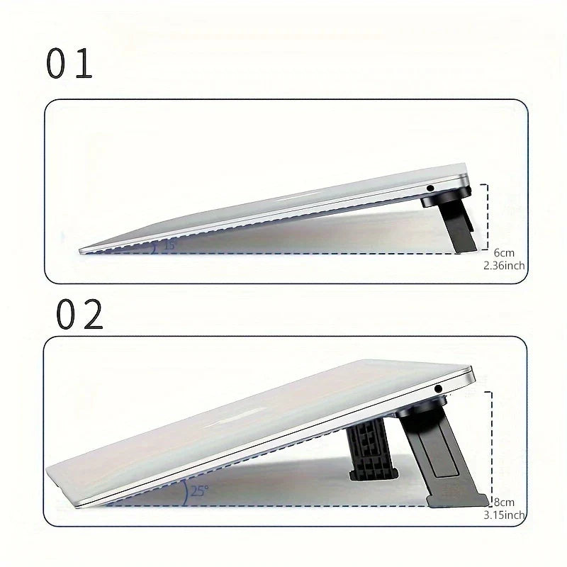 Portable Laptop Stand - Two side-view diagrams of a laptop supported by black stands at two heights: first 6 cm (15° angle), second 8 cm (25° angle).