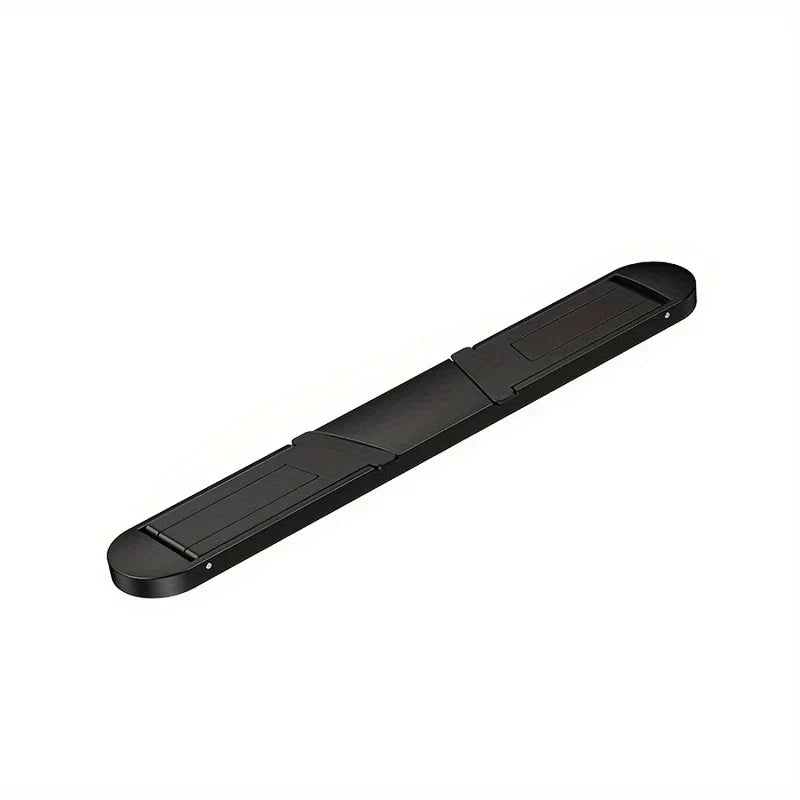 Portable Laptop Stand - Top view of a long black adjustable rectangular object with rounded ends, featuring two sliding sections, on a plain white background.