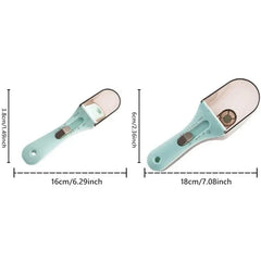 Adjustable Measuring Spoon - Two light blue adjustable measuring scoops of different sizes, with length and width dimension labels in centimeters and inches, on a white background.