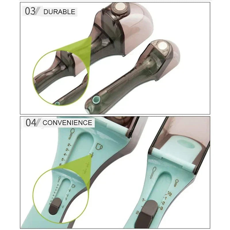 Close-up details showing durable build and convenience features of an adjustable measuring spoon