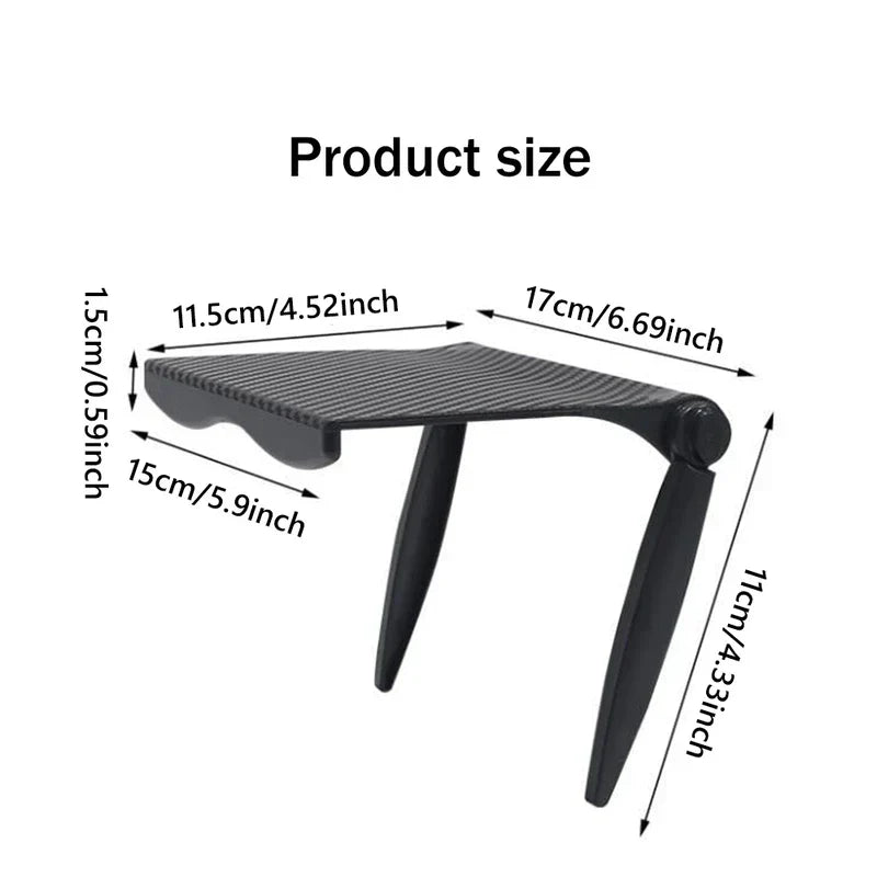 Adjustable Monitor Stand Riser - Black carbon fiber-patterned screen top shelf with dimension labels in cm and inches