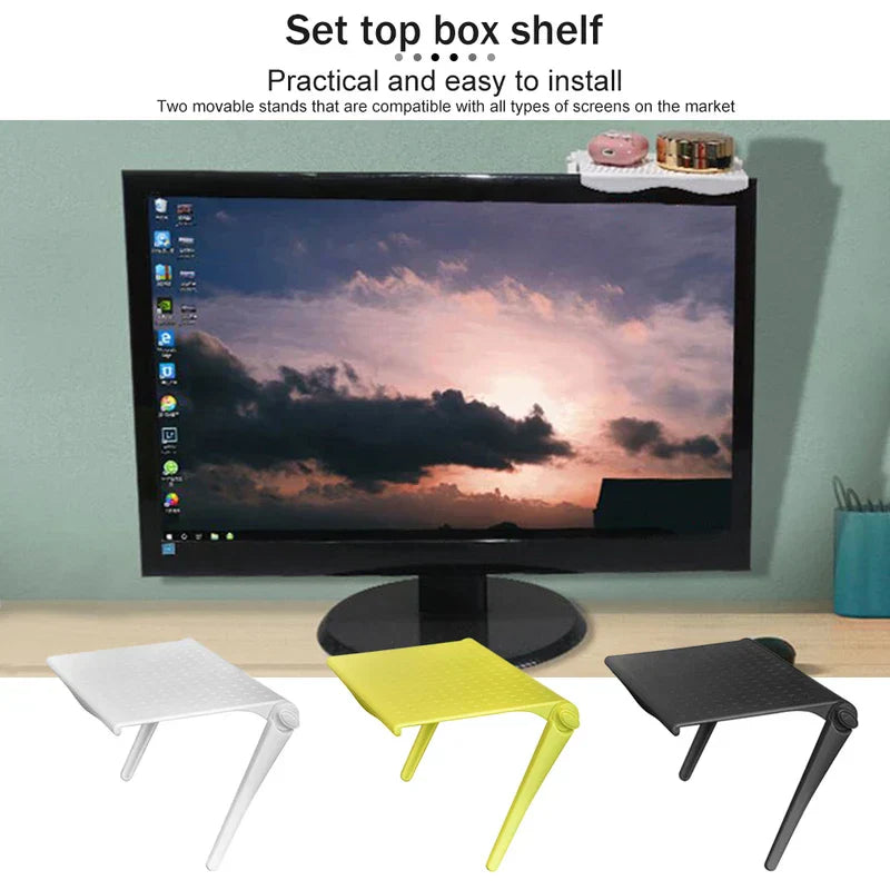 Adjustable Monitor Stand Riser - Set top box shelf on a monitor top, plus three shelves (white, yellow, black) displayed below the monitor