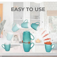 Shelf Organizer Rack - Infographic showing teal mugs stacked with orange inserts, labeled EASY TO USE