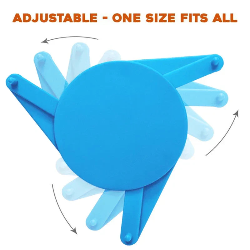 Shelf Organizer Rack - Blue adjustable triangular device with rotating arms, arrows showing movement, text 'ADJUSTABLE - ONE SIZE FITS ALL' above