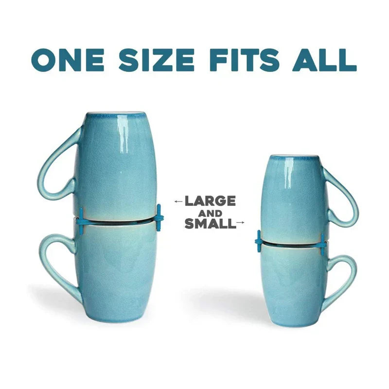Shelf Organizer Rack - Two pairs of stacked blue ceramic mugs with blue clips; text 'ONE SIZE FITS ALL' and 'LARGE AND SMALL' on white background