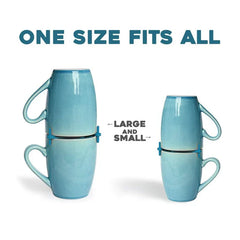 Shelf Organizer Rack - Two pairs of stacked blue ceramic mugs with blue clips; text 'ONE SIZE FITS ALL' and 'LARGE AND SMALL' on white background