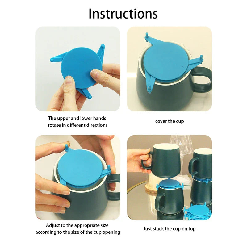 Shelf Organizer Rack - Four-step instructions showing a blue adjustable cup lid being sized, placed on a mug, adjusted, and used to stack mugs.