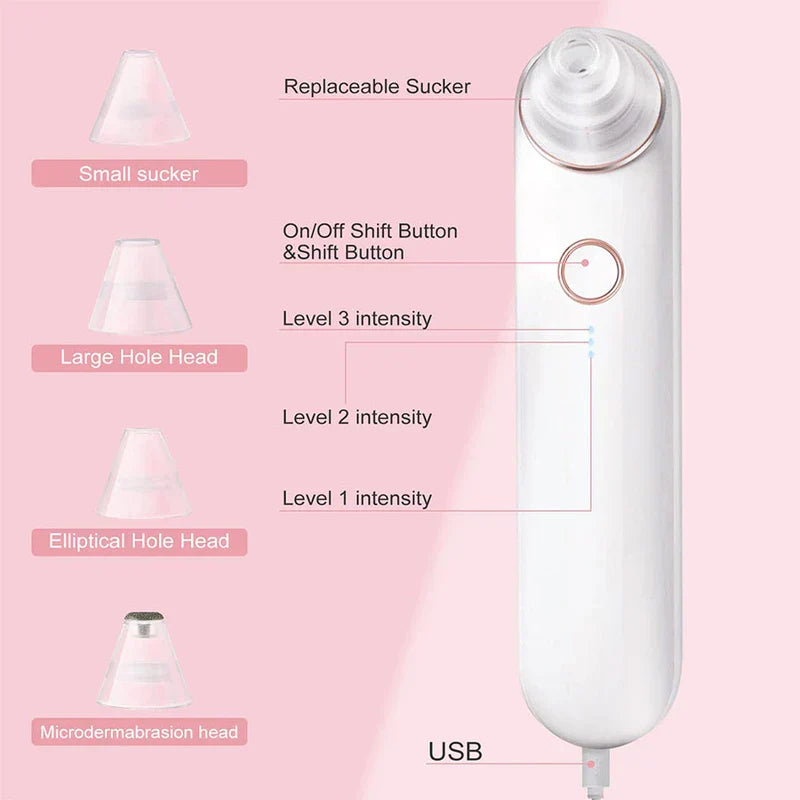 Adjustable Suction Pore Cleansing Beauty Tool - White pore vacuum with labeled parts, four replacement suction heads, and USB charging, on pink background